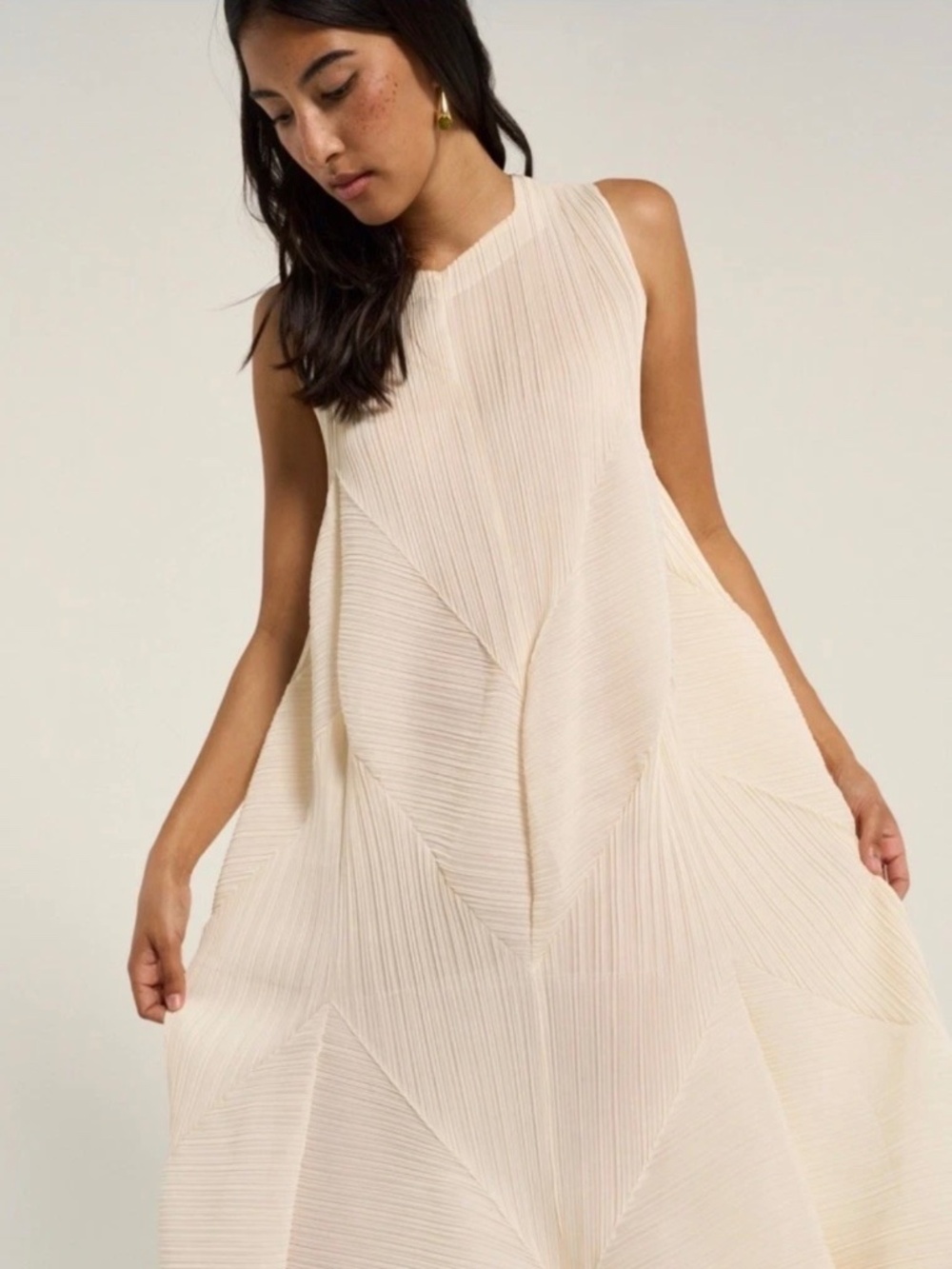 Pleats Please Issey Miyake Ivory Japan Designer Pleated Midi Dress Minimalist 3